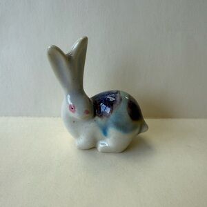 Ceramic Derpy Looking Long Eared Bunny Rabbit Drip Glaze Figurine.